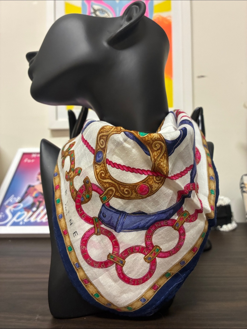 RARE! Vintage 1990s Celine Gold, Navy & Pink Chain Motif Silk Square Scarf